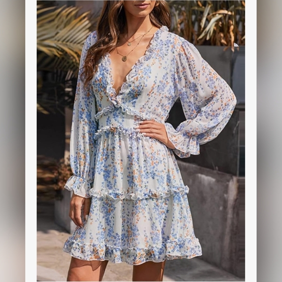 Floral Blue and White Ruffle V' Neck Women's Backless Dress - Picture 2 of 5